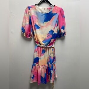 Vibrant Watercolor Print Dress with Puff Sleeves & Tie Waist